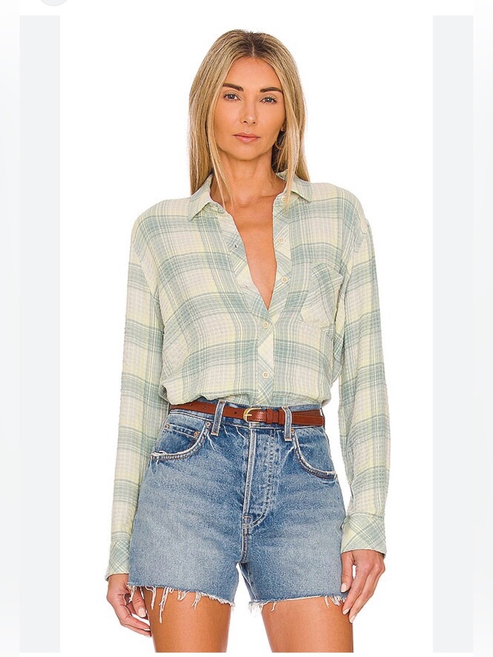 Rails Brady shirt in sage lemon green yellow plaid pattern seersucker texture M